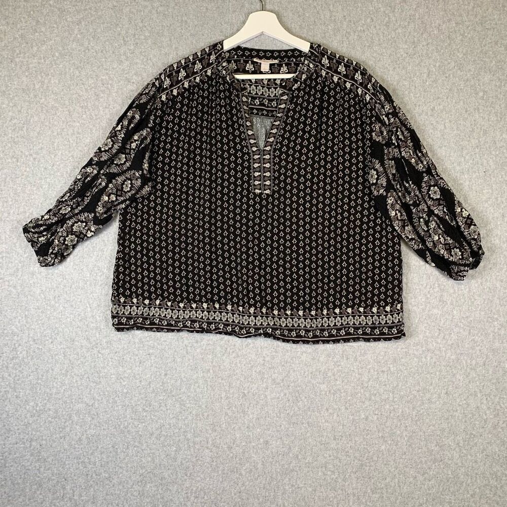 Knox Rose top Women's large Balloon 3/4 Sleeve Woven Top Black Paisley